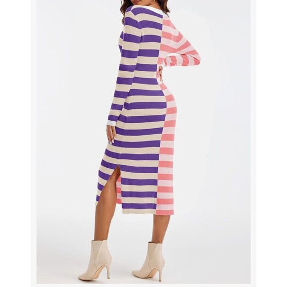 Wenrine Womens 2024 Fall Long Sweater Dress Long Sleeve Striped Maxi Sz Small - Picture 3 of 6